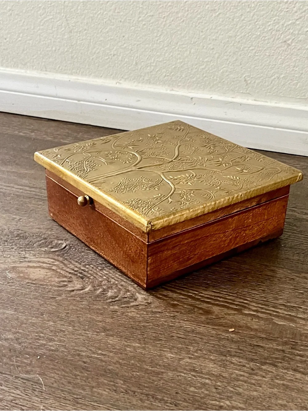 Decorative Gold and Brown Wooden Jewelry Box 7/7 inches 3 “ tall